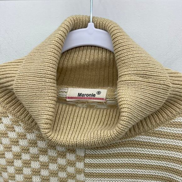 Maronie Camel Cream Checkered Stripe Turtleneck Dolman Sleeve Cropped Sweater‎ - Picture 5 of 7